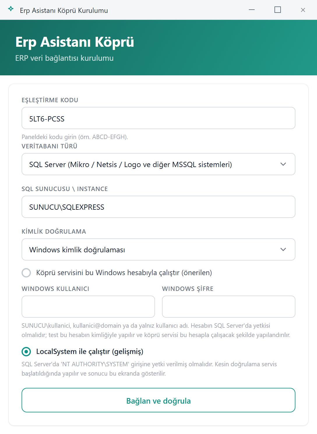 Erp Asistanı Köprü penceresi: eşleştirme kodu, SQL Server veritabanı türü, sunucu ve Windows kimlik doğrulaması