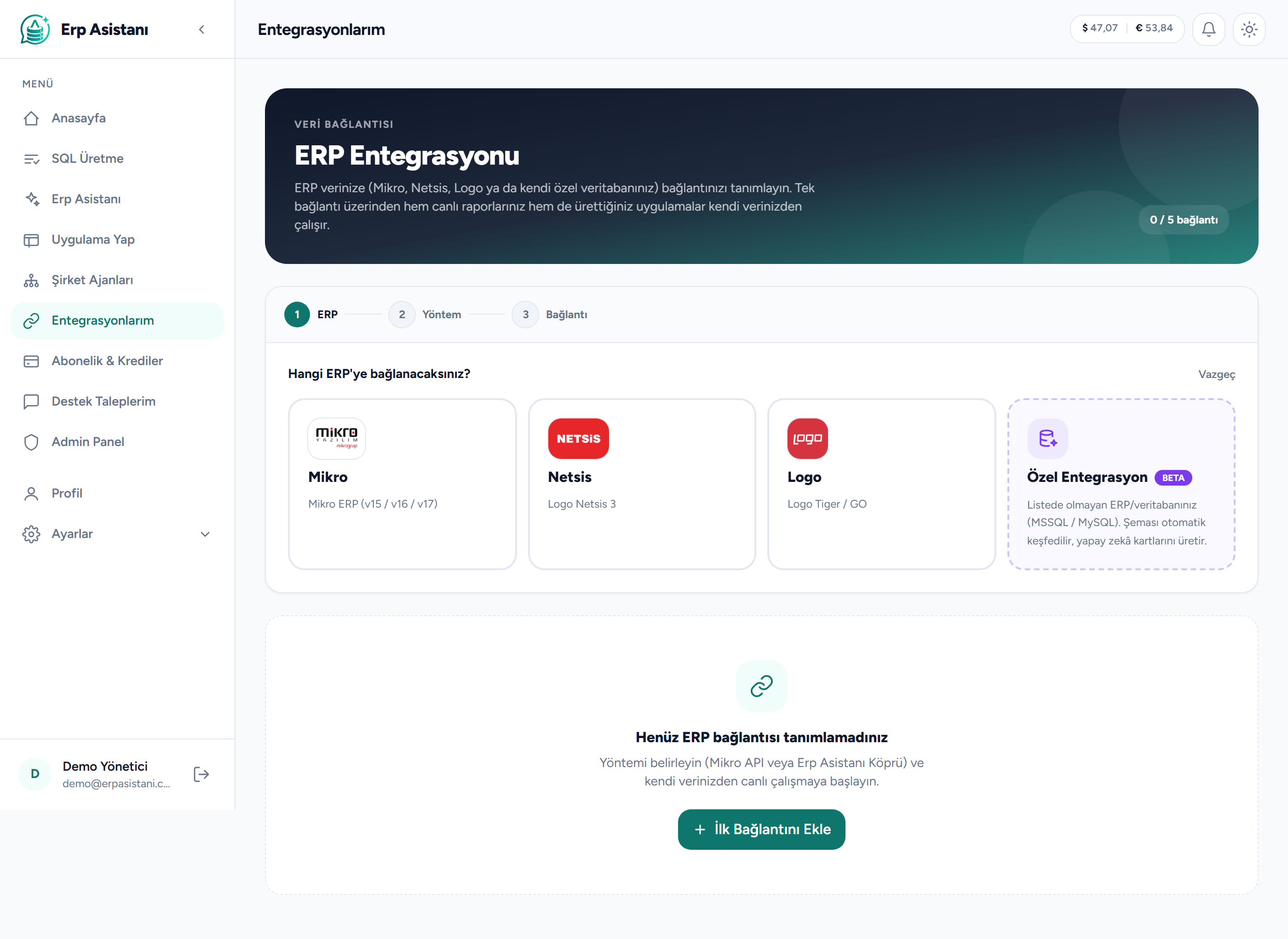 Entegrasyon sihirbazı: bağlanılacak ERP'yi (Mikro, Netsis, Logo) seçme