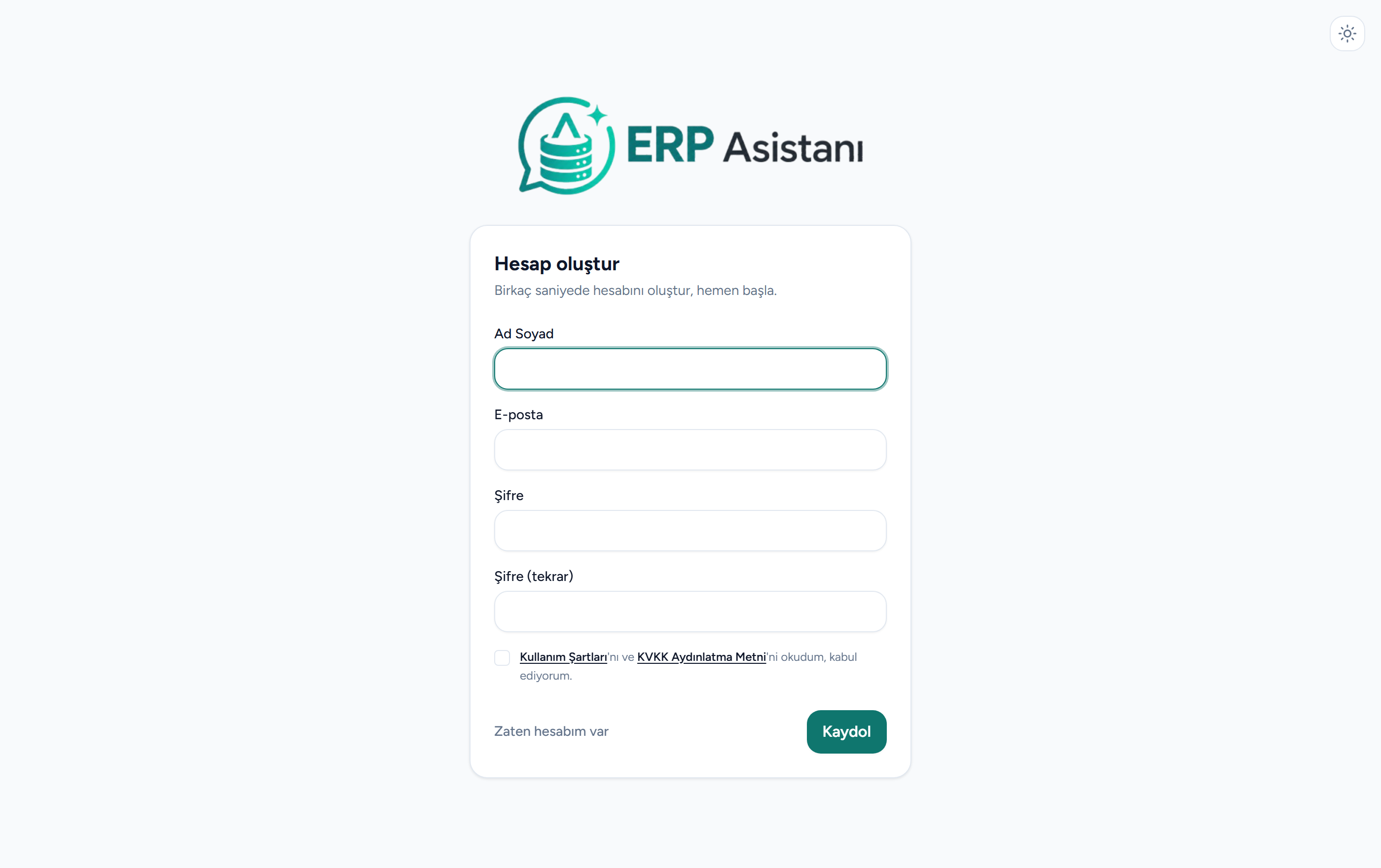 Erp Asistanı hesap oluşturma (kayıt ol) ekranı: ad soyad, e-posta ve şifre alanları