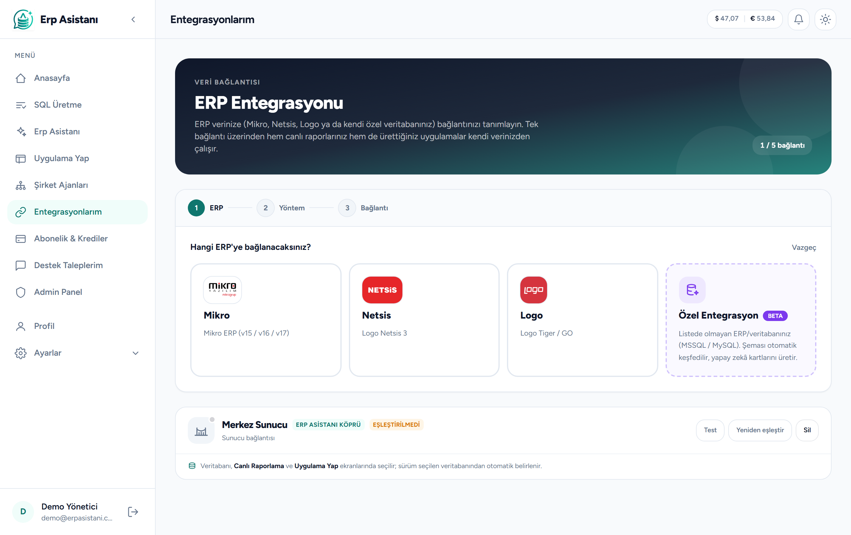 Entegrasyon sihirbazı ERP seçimi: Mikro, Netsis, Logo ve Özel Entegrasyon kartları