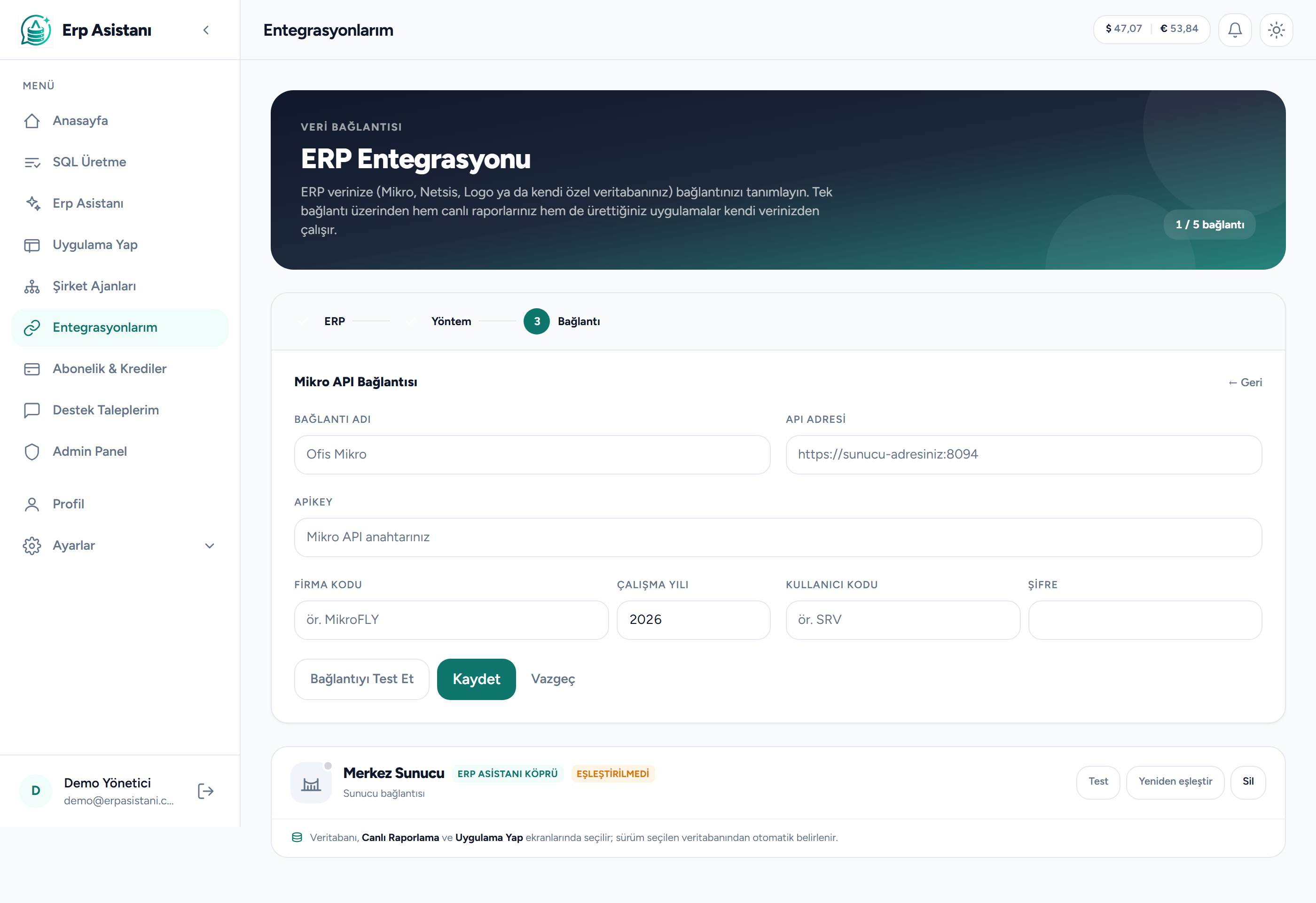 Mikro API bağlantı formu: bağlantı adı, adres, API anahtarı ve Bağlantıyı Test Et düğmesi
