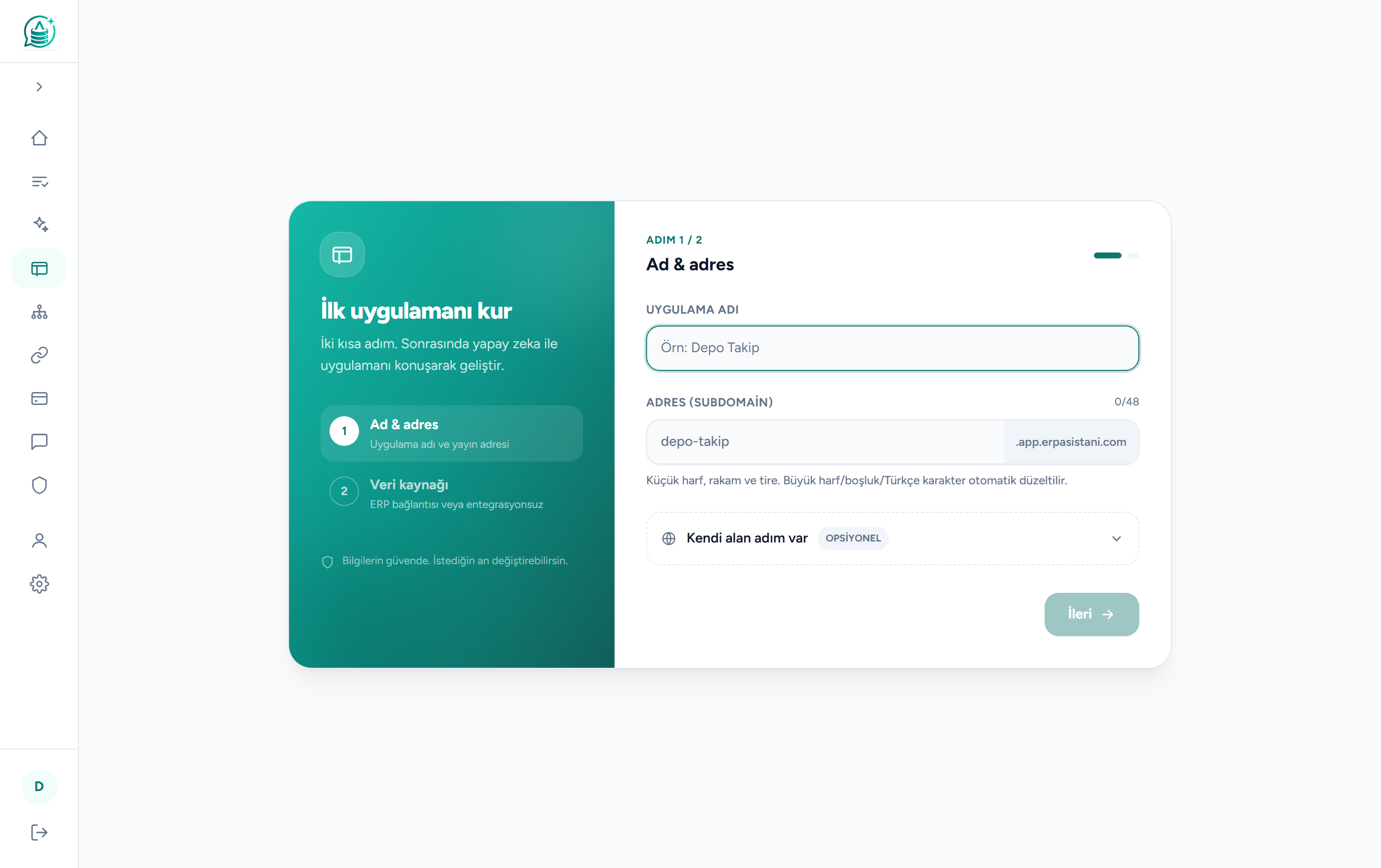 Uygulama Yap sihirbazı: uygulama adı ve yayın adresi (subdomain) belirleme