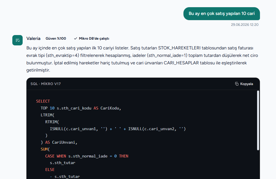 SQL sohbeti: Türkçe soru, üretilen SQL ve %100 güven rozeti
