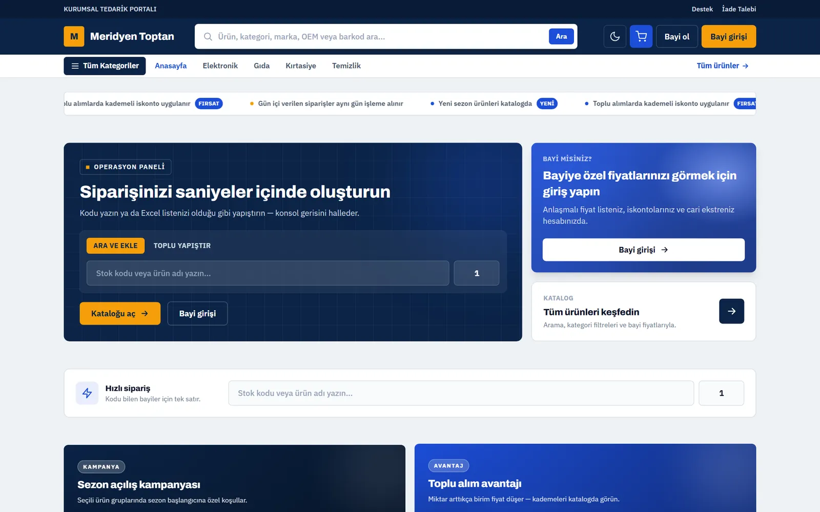 Atlas temalı B2B bayi portalının ana sayfası: ürün arama kutusu, kategori menüsü, hızlı sipariş paneli ve bayi girişi kartı